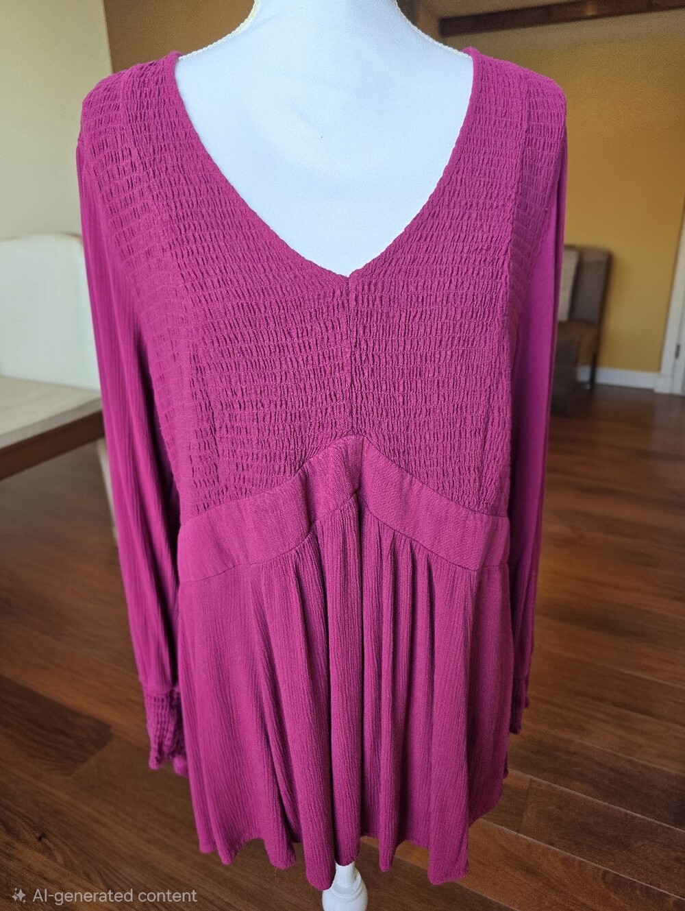 Torrid Magenta Smocked V-Neck Long Sleeve Tunic